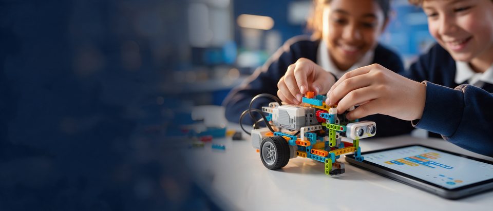 Alumnos arman y programan un robot de piezas de construcción con una tableta